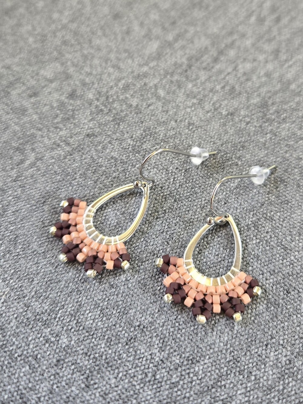 New Handmade Sage Bohème Peach & Mauve Brown Miyuki Beaded Teardrop Earrings